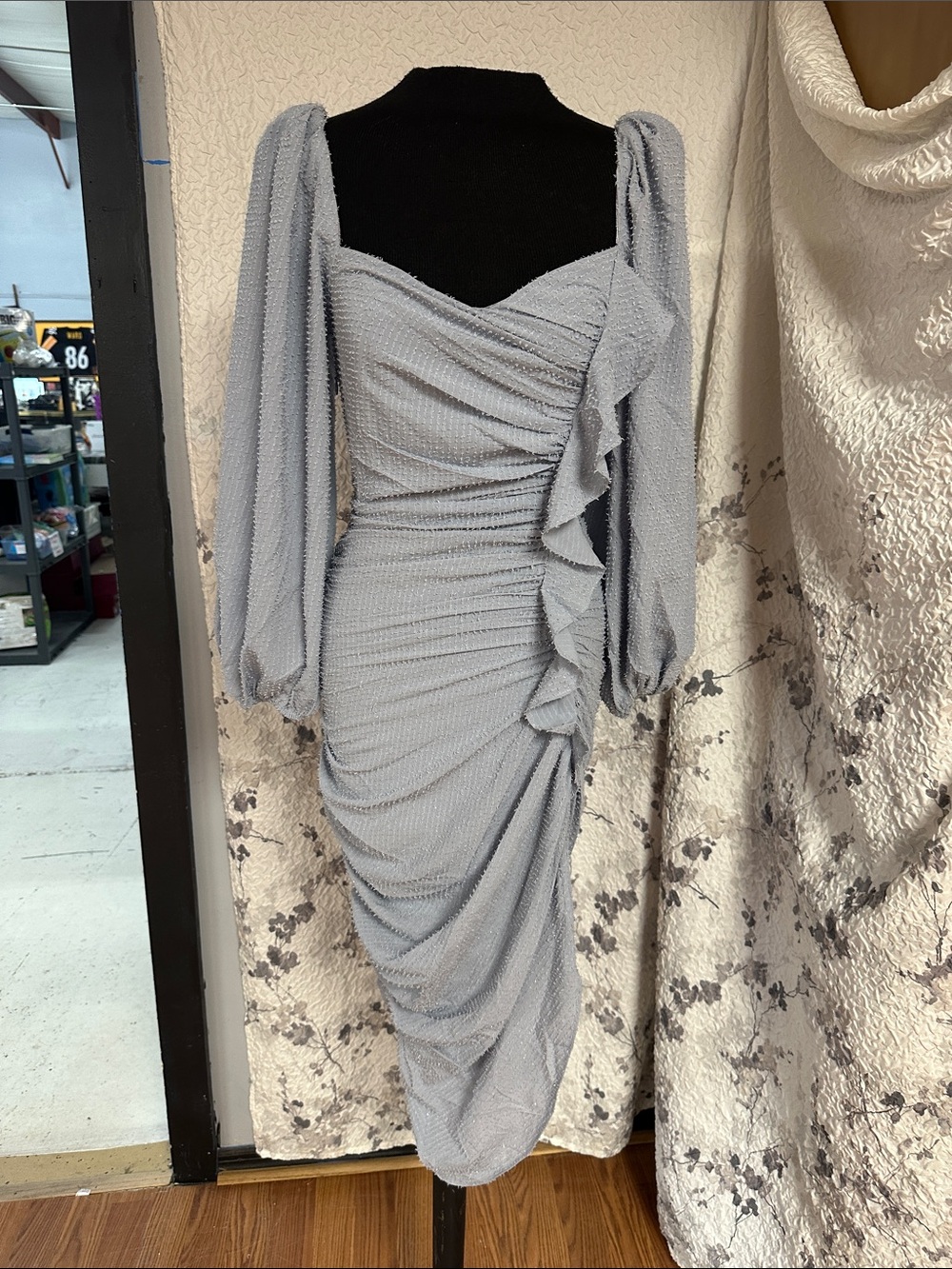 Astr Light Gray Ruched Midi Dress with Puff Sleeves